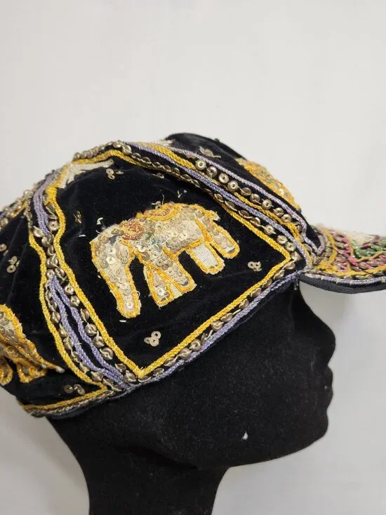 Vintage Kalagan Elephants Embroidered Sequined Hat Velvet 24.25" - Picture 3 of 6